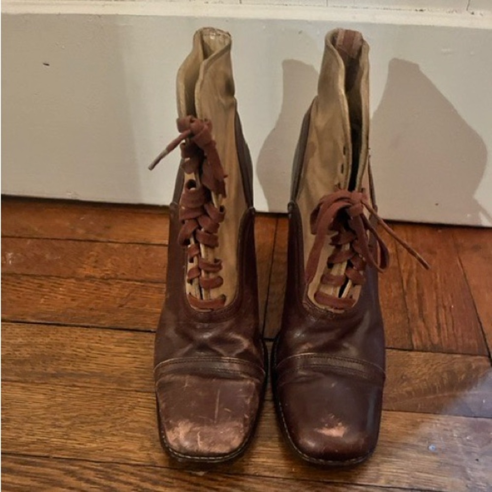 Vintage Mare Distressed Leather and Canvas Booties
